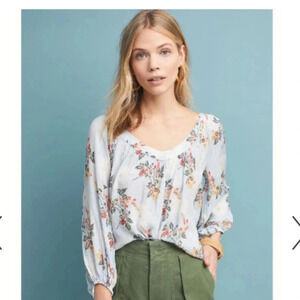 Maeve Anthropologie Boswell Blue Striped Floral Top Size 4